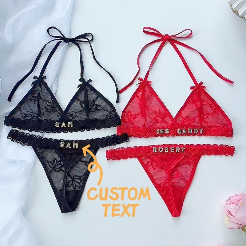 Custom Crystal Letter Name Tho - Lace Bralette Set ulasan dan harga